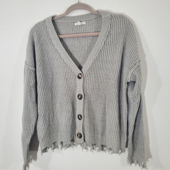 Grey Cardigan Fray Hem Size Large - Picture 2 of 6